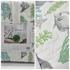 SUN and SEA 3 Pc QUEEN Quilt Set Seashells Fish Corals NEW Ocean Lake Coastal Gr